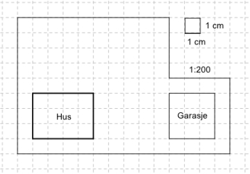En tomt som har sidelengder: 14 ruter, 5 ruter, 4 ruter, 4 ruter, 10 ruter og 9 ruter. På tomta er det et hus (rektangel - 3 og 4 ruter) og en garasje (kvadrat - 3 ruter). En rute er en 1 cm lang og 1 cm høy.
